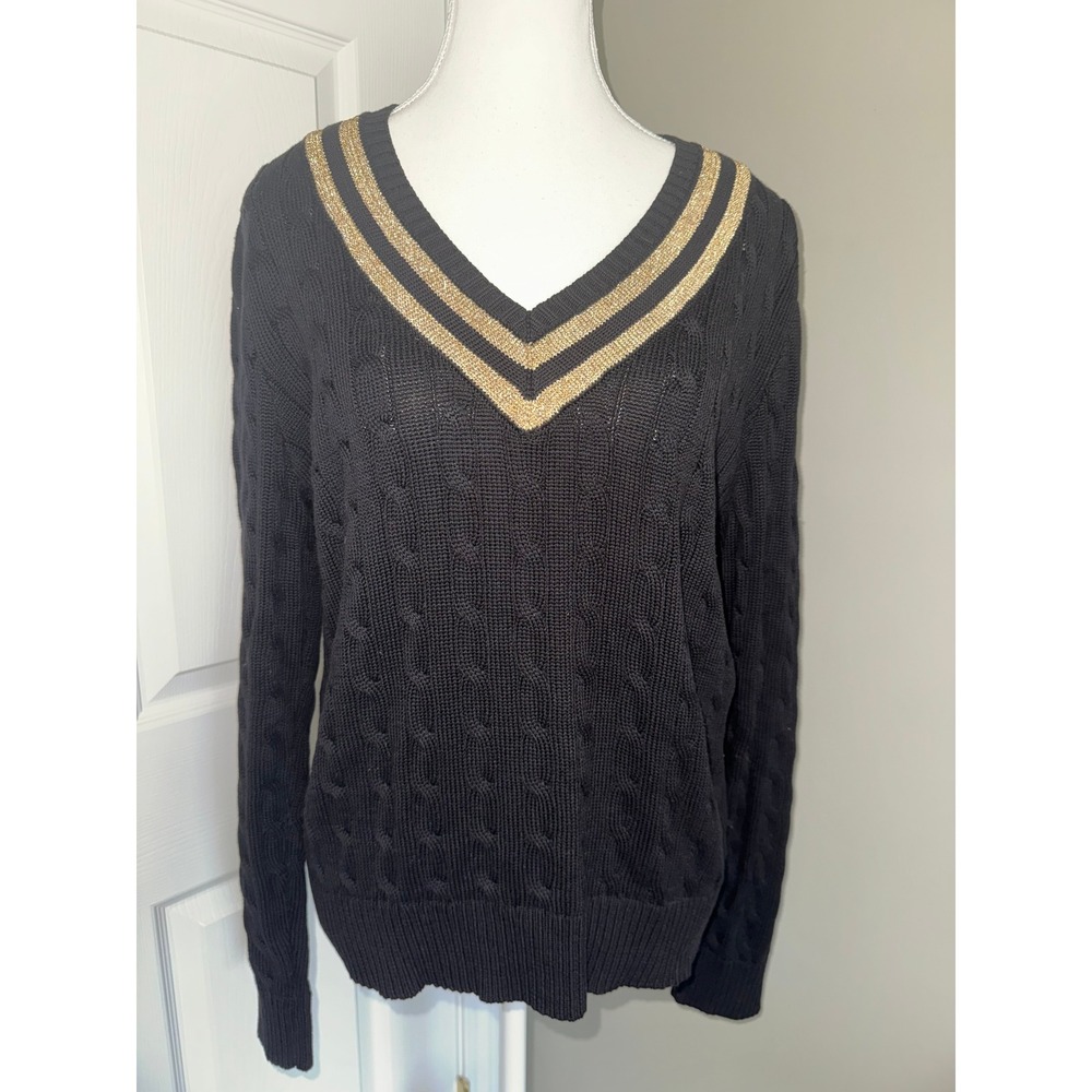Lauren Ralph Lauren Sweater Womens XL Black Gold V-Neck Cable Knit Preppy Y2K